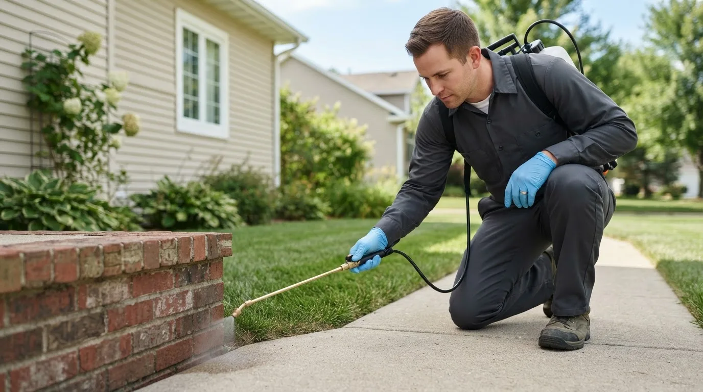 Pest control technician treating a home near Mikado, MI